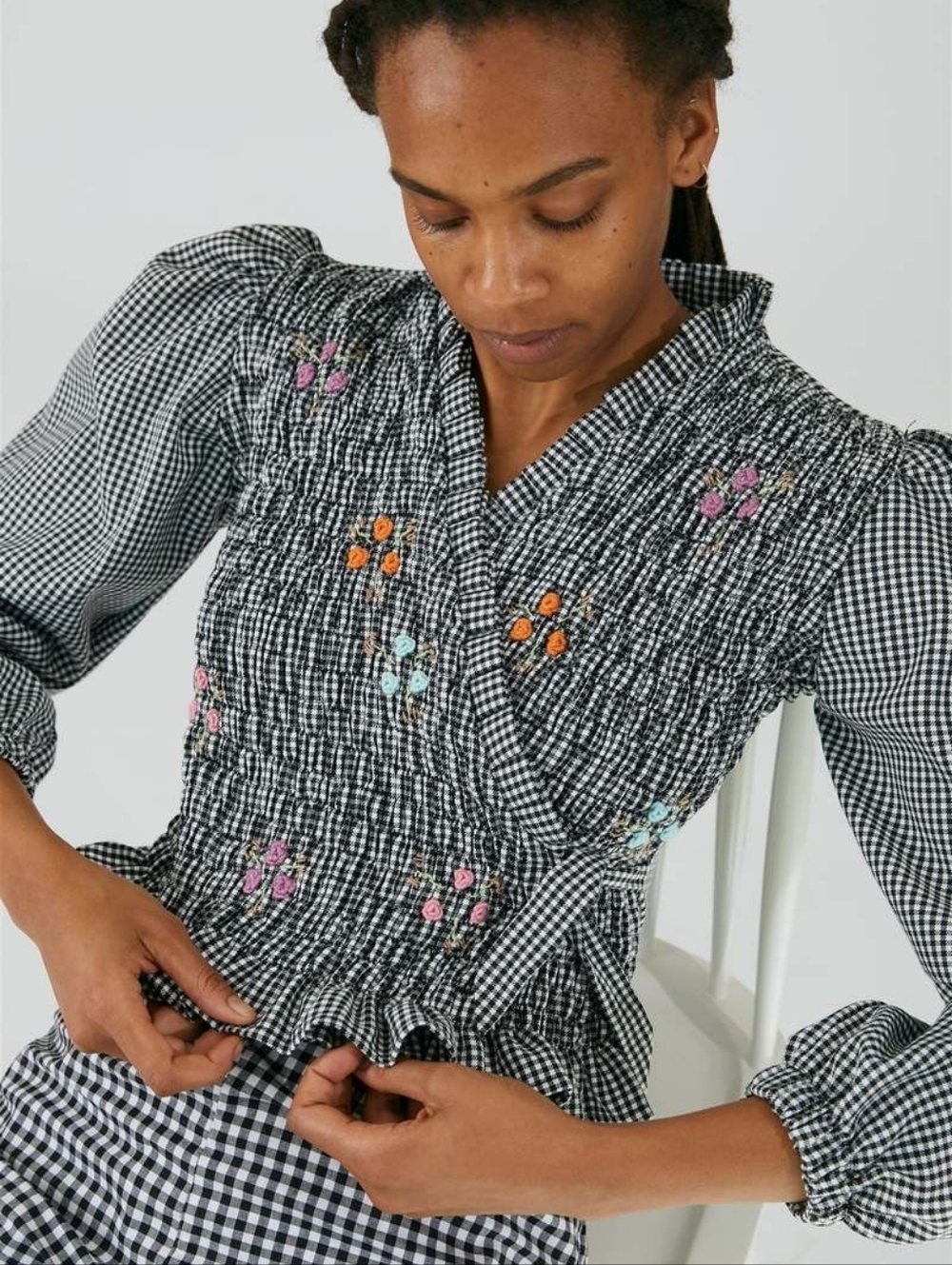 Tach clothing Cedrina Smoked Blouse Hand embroidered wrap blouse, Size S